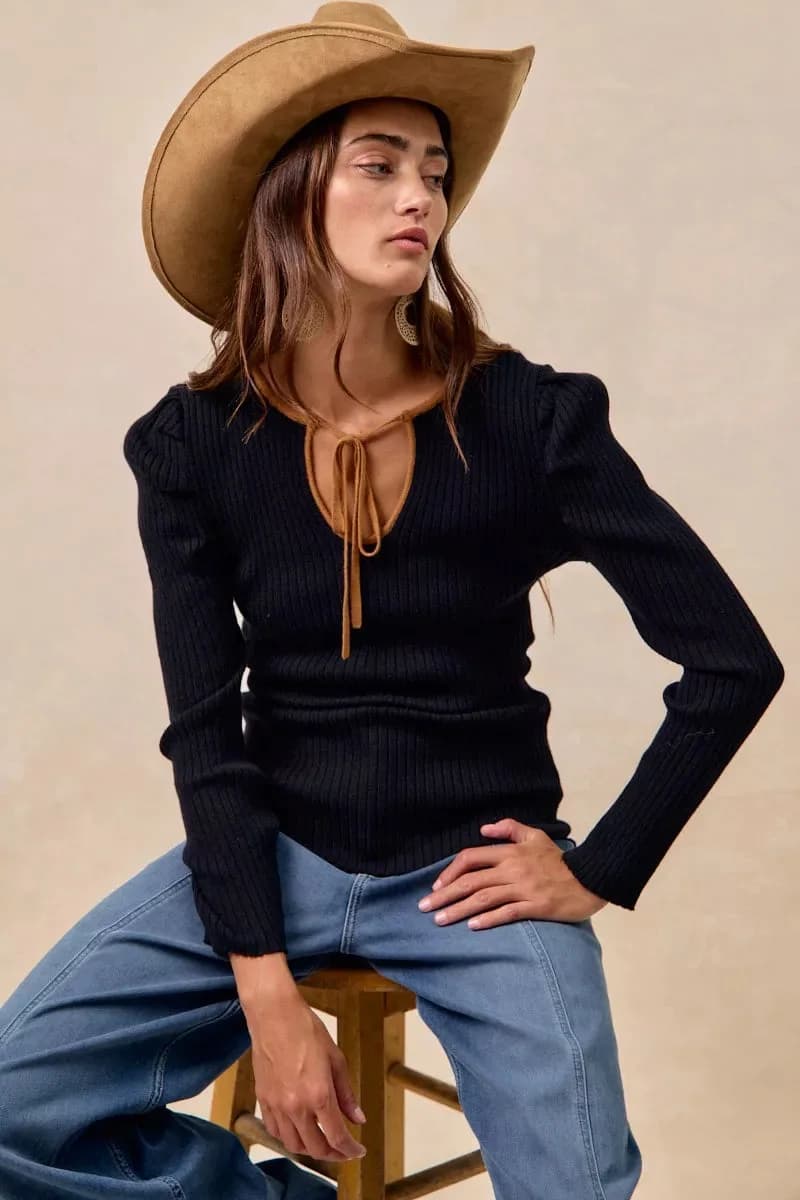 BiBi Ribbed Contrast Front Tied Top with Shried