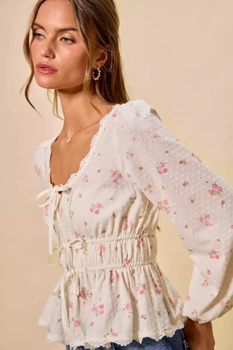 SO ME Floral Clip Dot Lace Trim Ruched Bodice Blouse