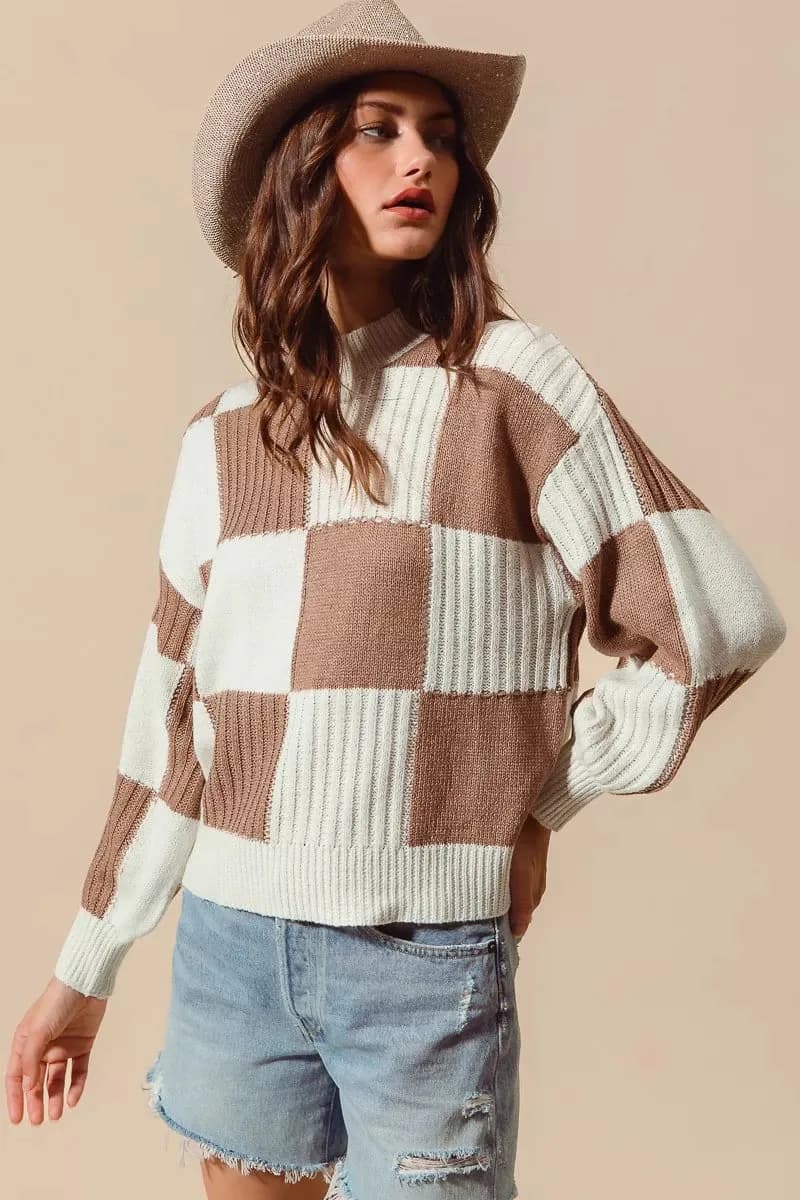 SO ME Ribbed Color Block Checkered Plaid Sweater