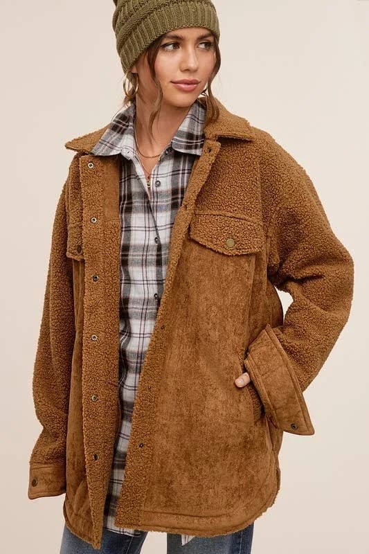 Faux Suede Oversized Button Down Jacket with Pockets