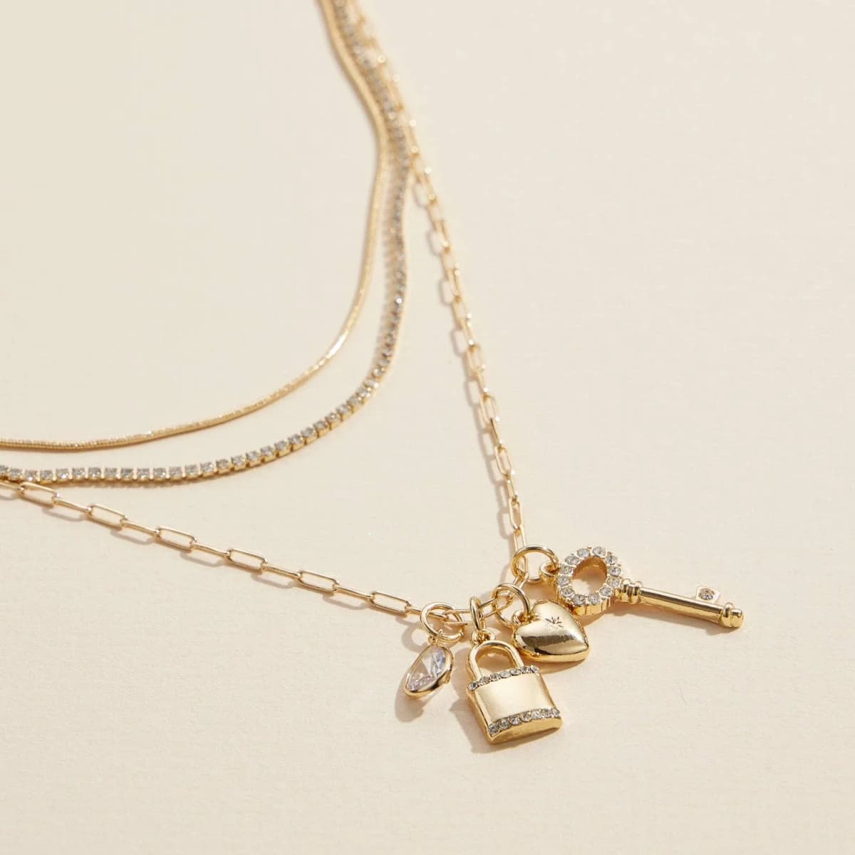 Layered Necklace with Lock Key Heart Charms (Gold)