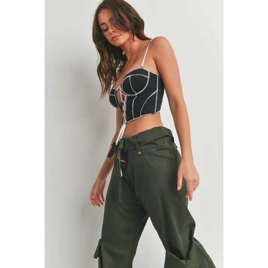 Contrast Stitching Open Back Crop Bustier (White)