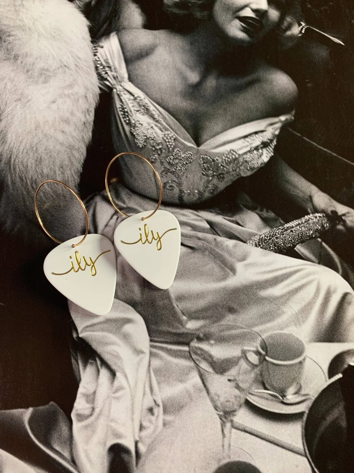 14K Gold Filled ILY White Guitar Pick Hoop Earrings (50mm)