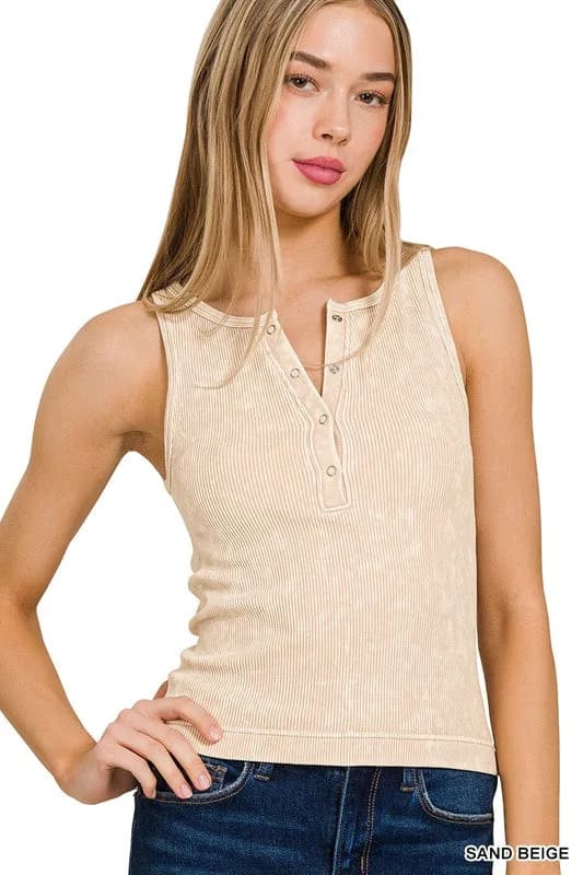 Washed Ribbed Seamless Button Up Tank Top
