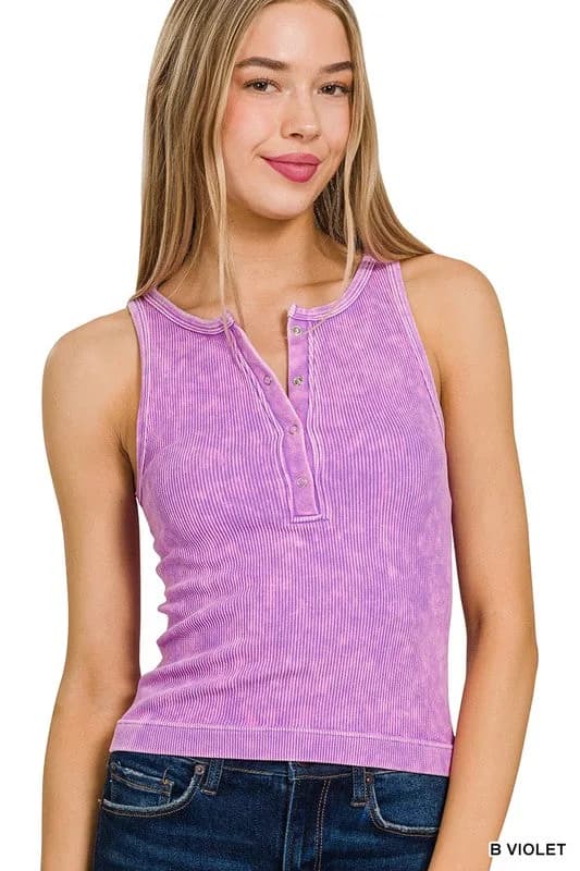 Washed Ribbed Seamless Button Up Tank Top