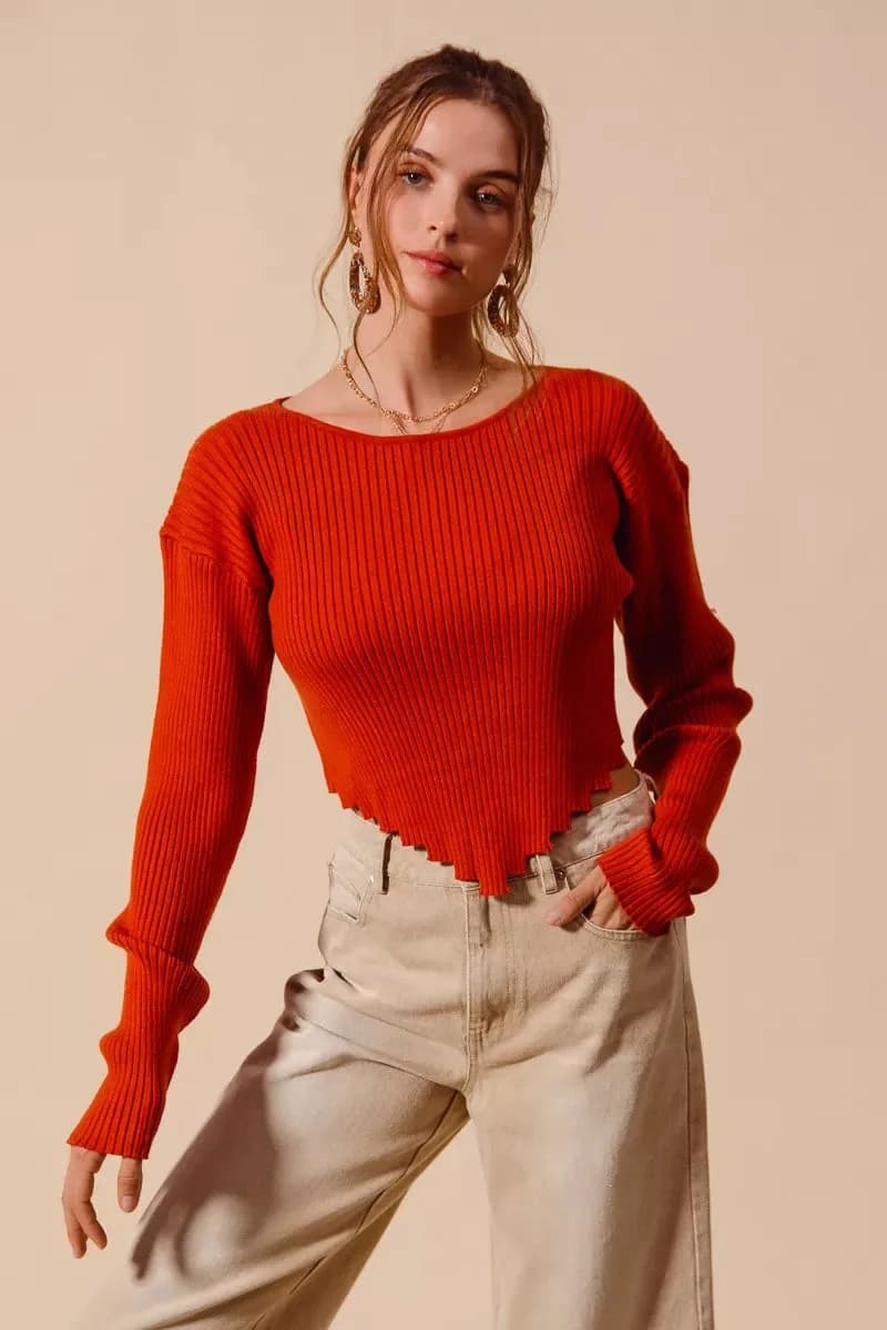 SO ME Rib Knitted Crop Sweater Top With Shaped Hem