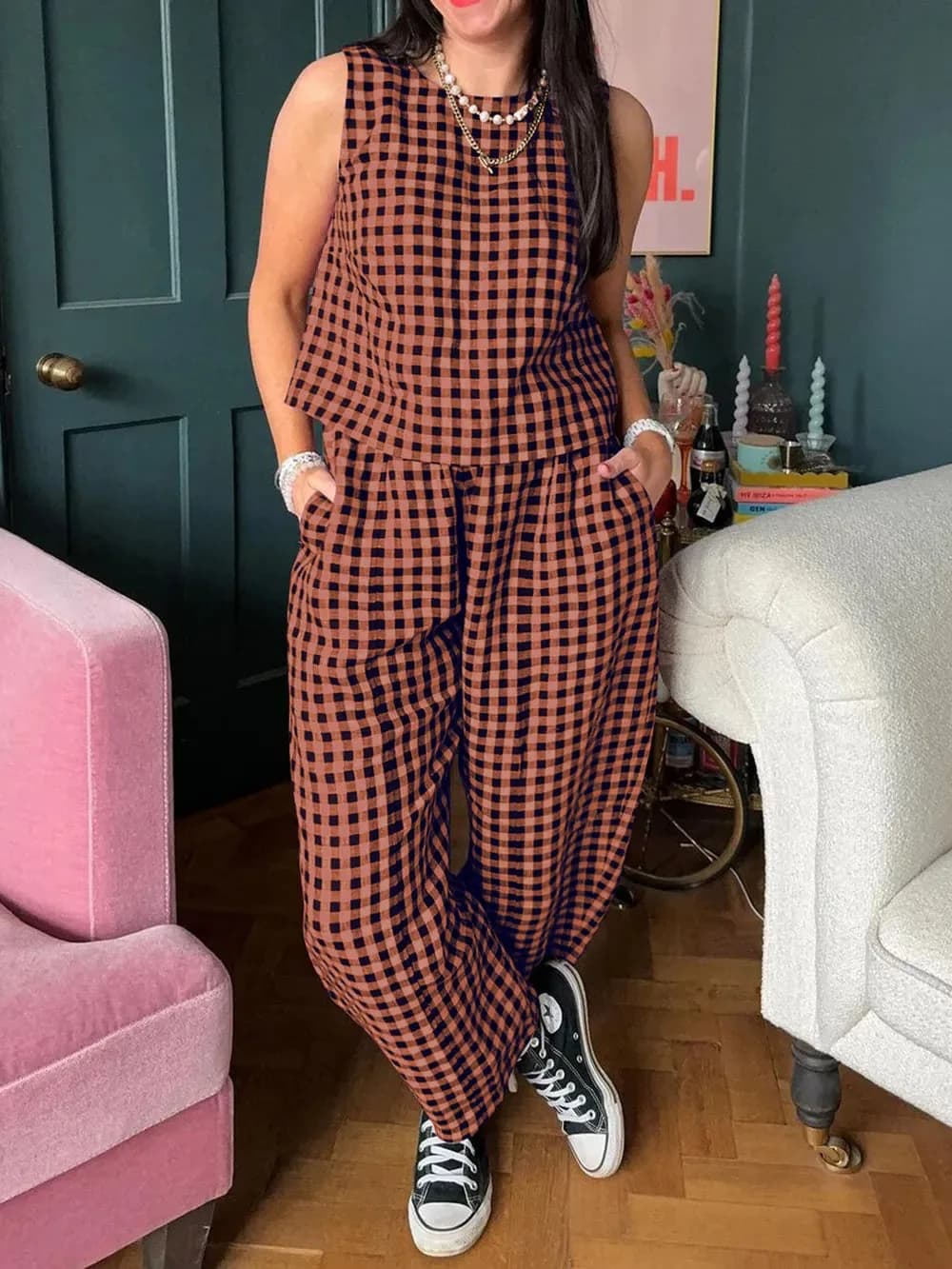 Lovelet Plaid Round Neck Sleeveless Top and Pants Set in Multiple Colors