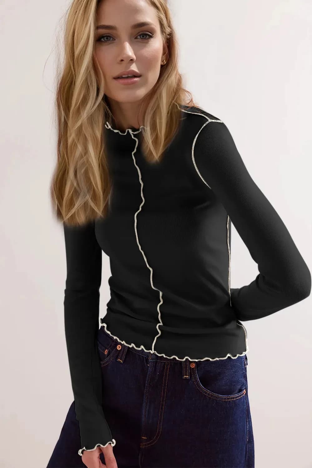 Basic Bae Contrast Trim Mock Neck Long Sleeve T-Shirt in Multiple Colors