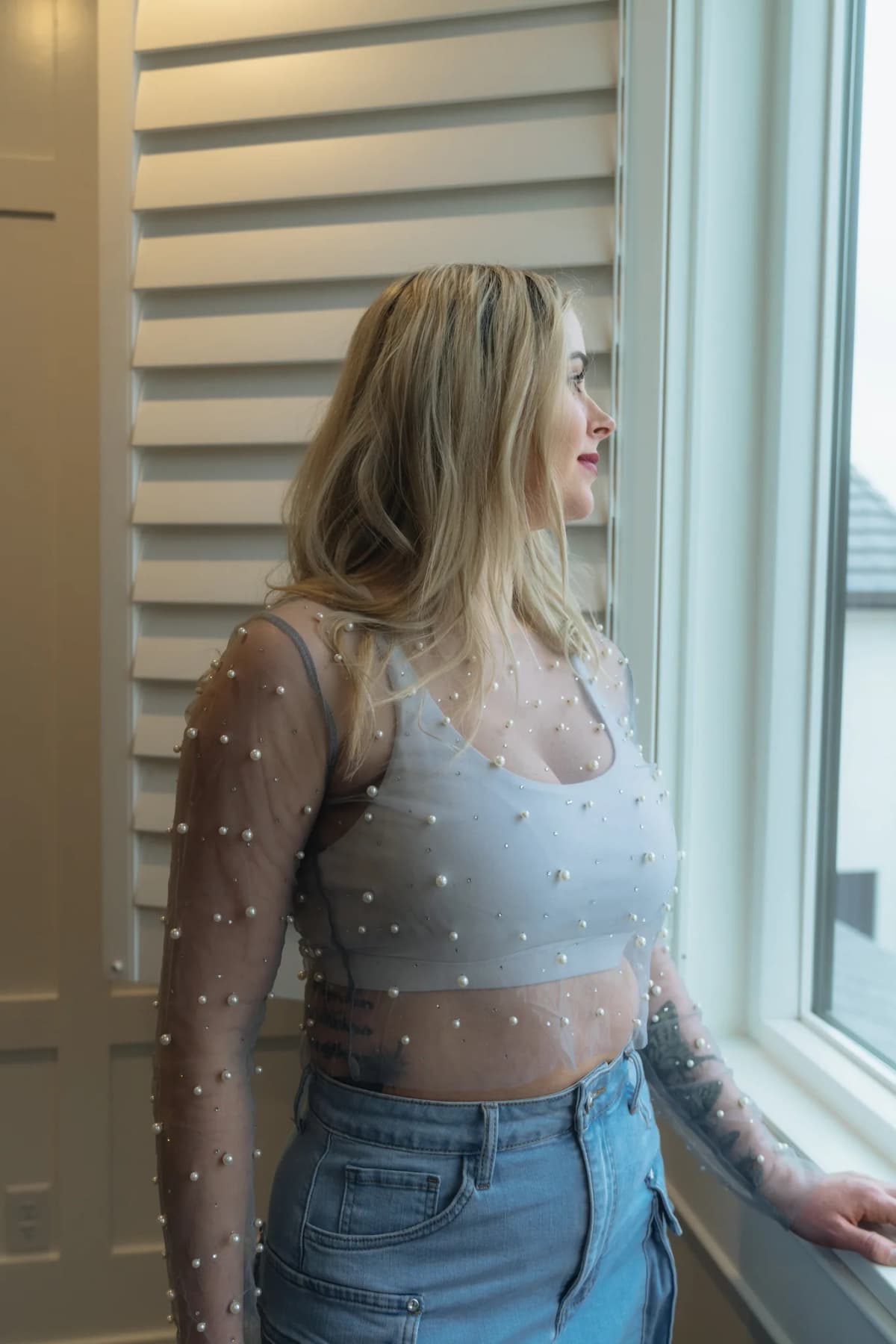 Pearl Trim Sheer Mesh Crop Top