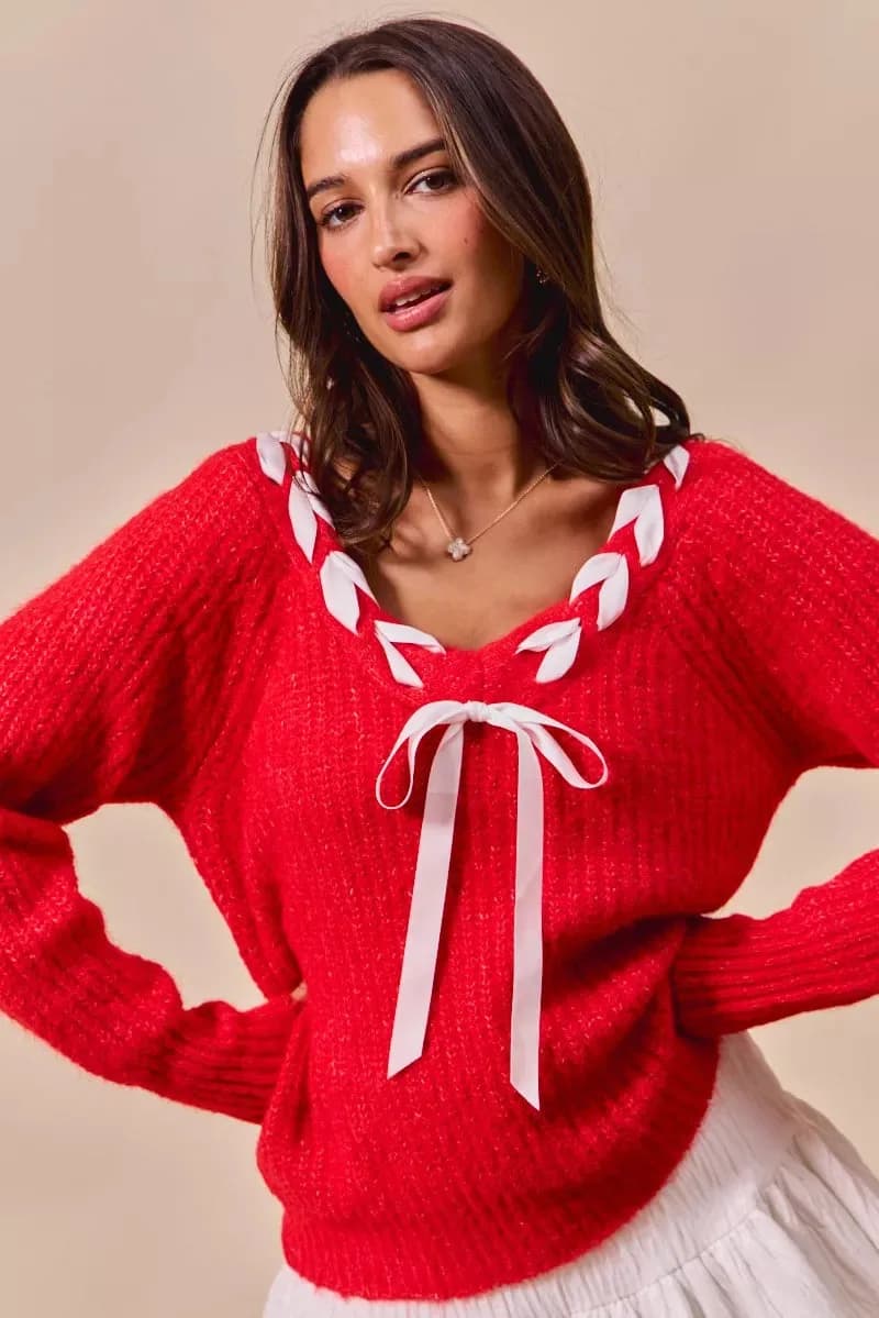 SO ME Satin Tape Braided Ribbon Tie V Neck Sweater