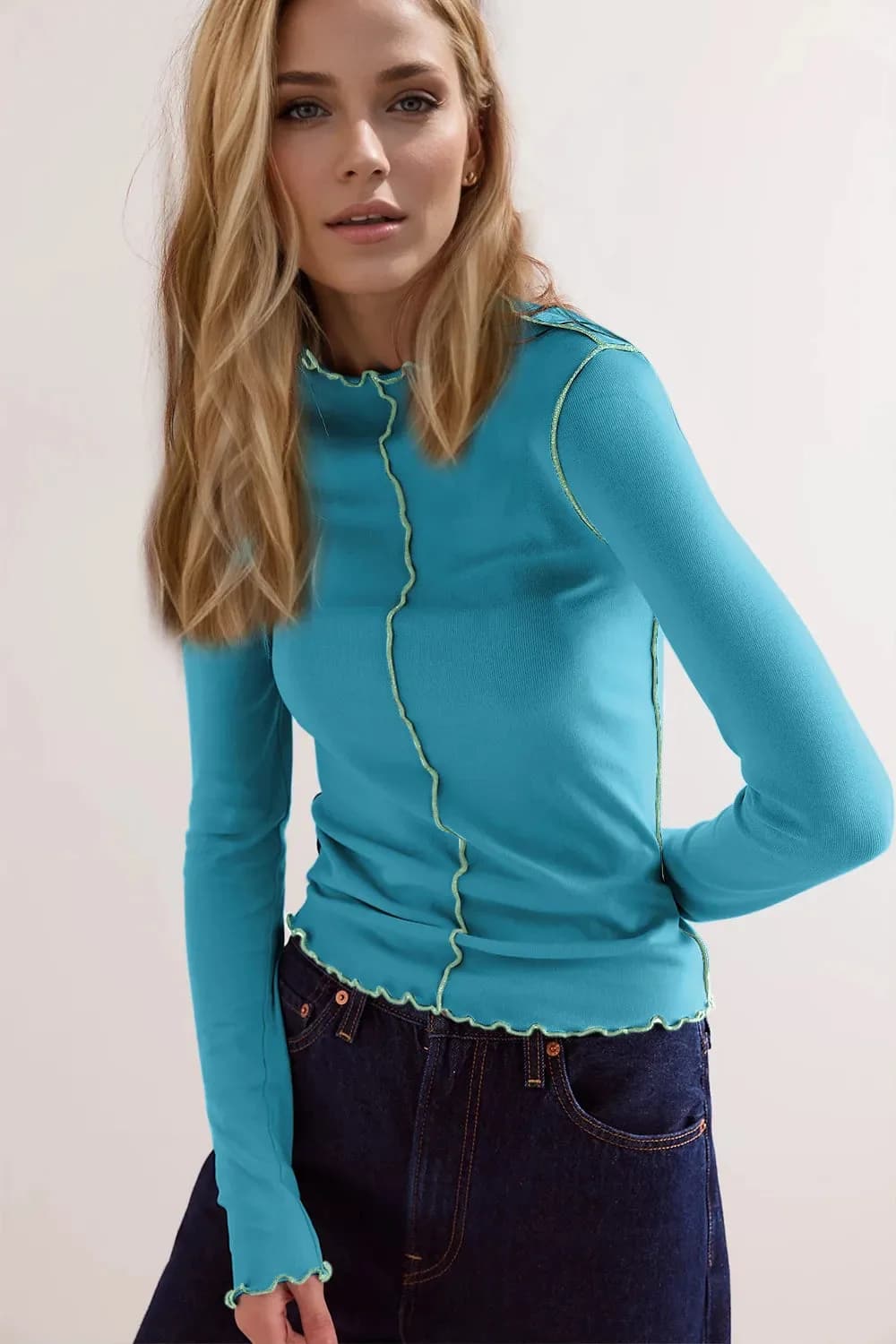 Basic Bae Contrast Trim Mock Neck Long Sleeve T-Shirt in Multiple Colors