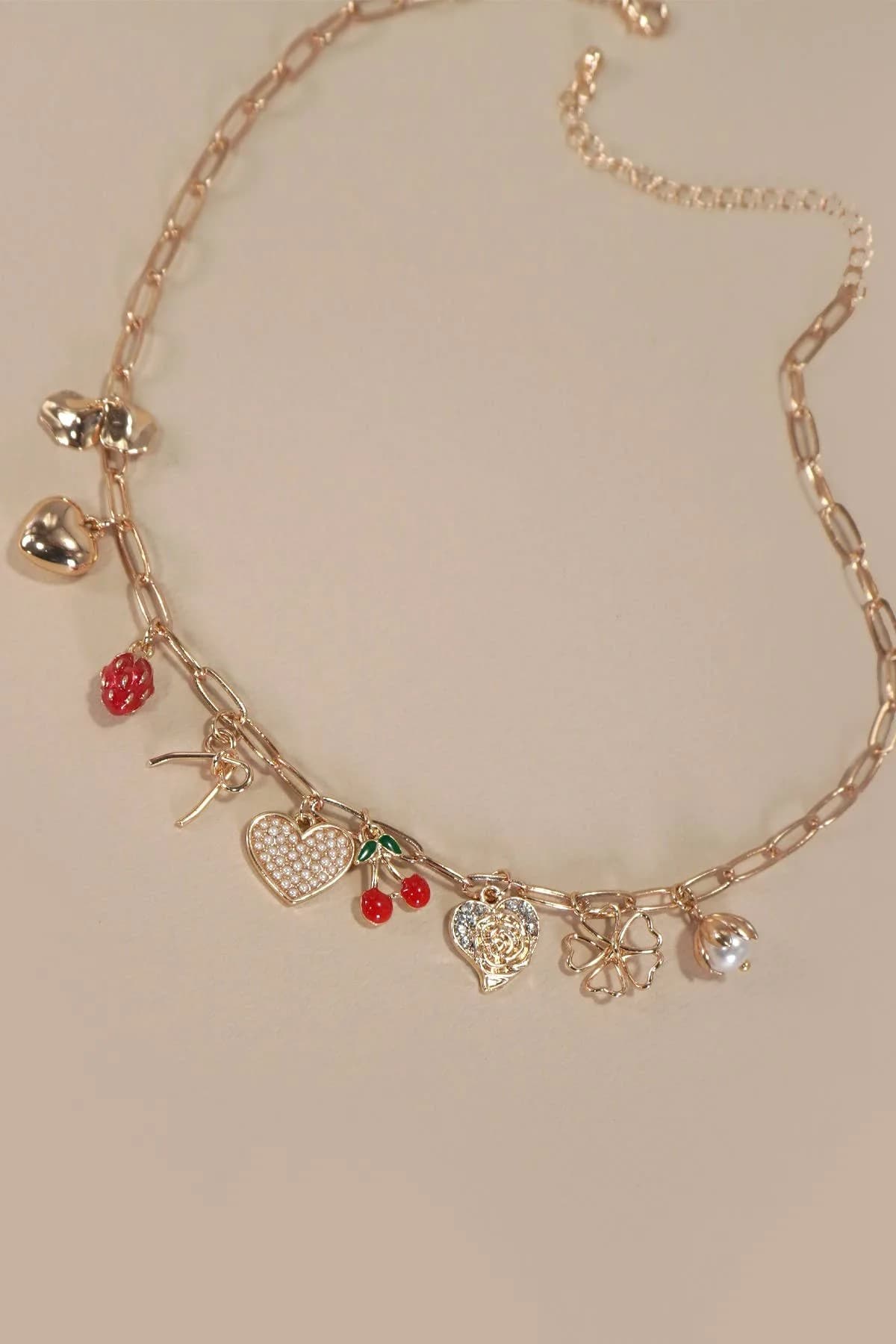 Multi Charm Bow Cherry Heart Necklace