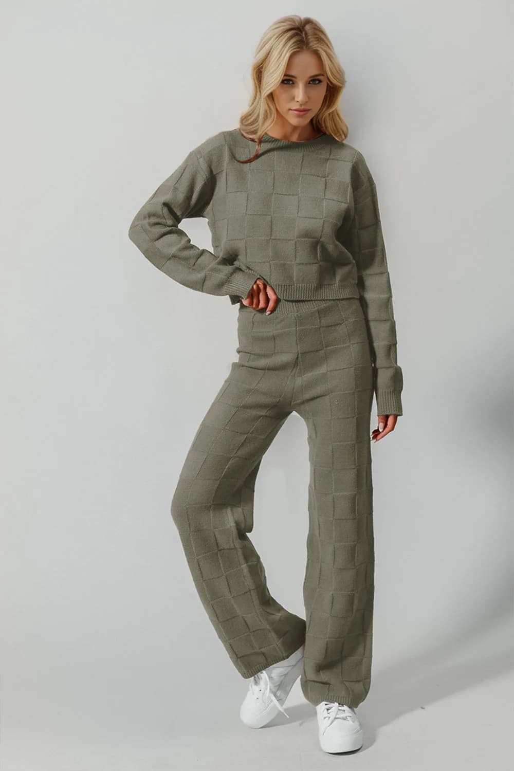 Double Take Full Size Checkered Round Neck Top and Pants Set Multiple Colors