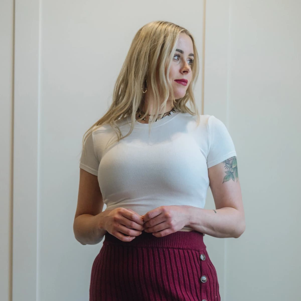 High Crew Neck Cropped Bodycon Short Sleeve Sun Imperial (White)