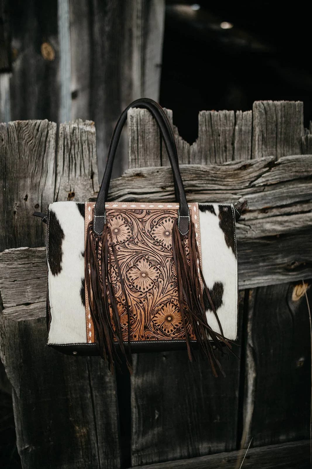 The Clementine Tooled Cowhide Leather Tote Purse Fringe Bag Exclusive design by Beth Marie