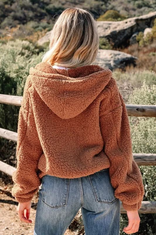 Solid Sherpa Fleece Zip Up Hooded Jacket