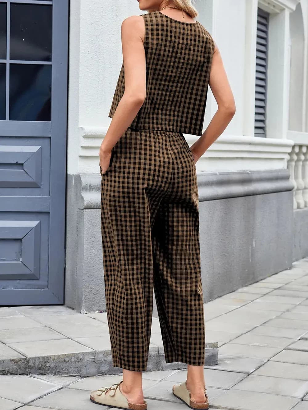 Lovelet Plaid Round Neck Sleeveless Top and Pants Set in Multiple Colors