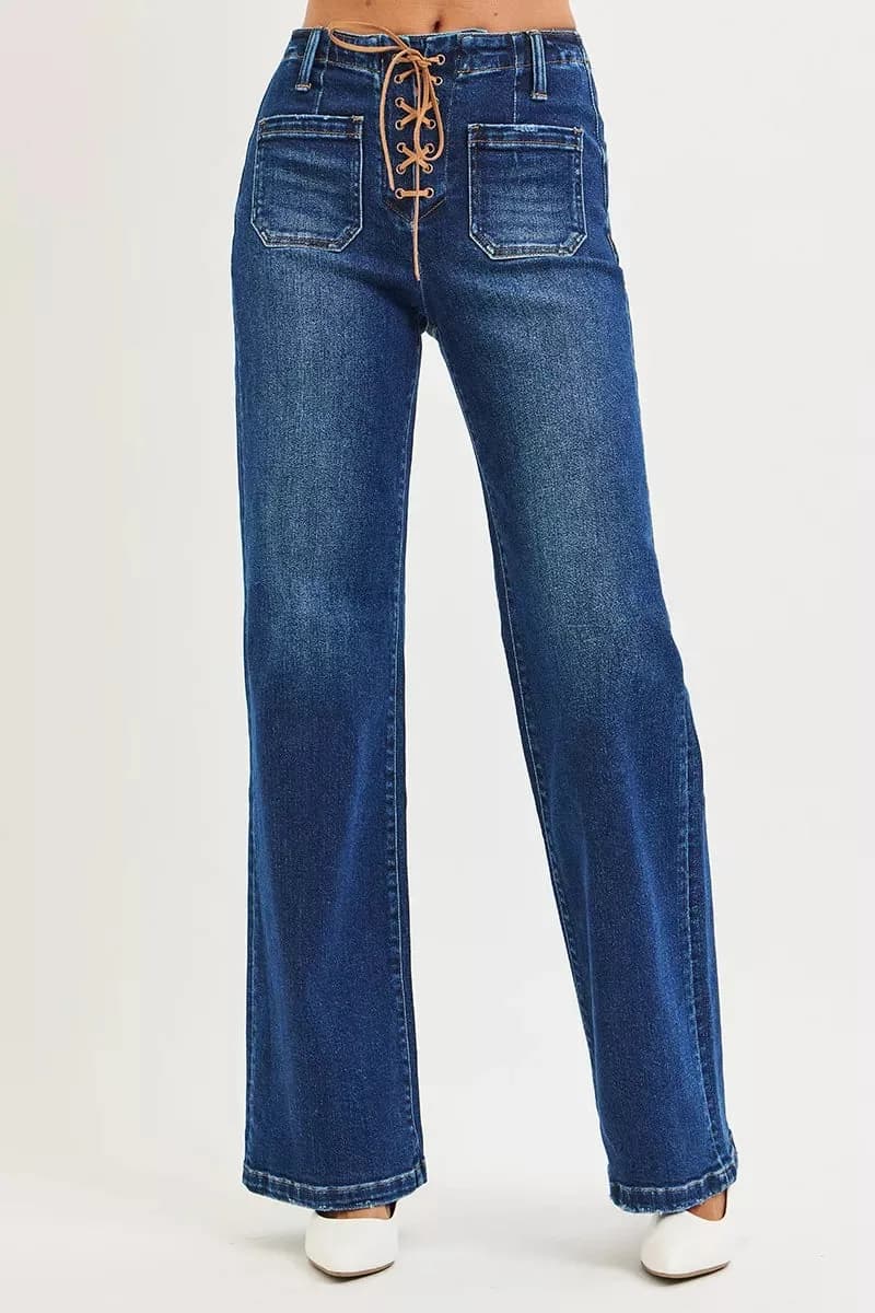 RISEN Full Size High Rise Wide Leg Jeans with Front Tie Detail Plus Size