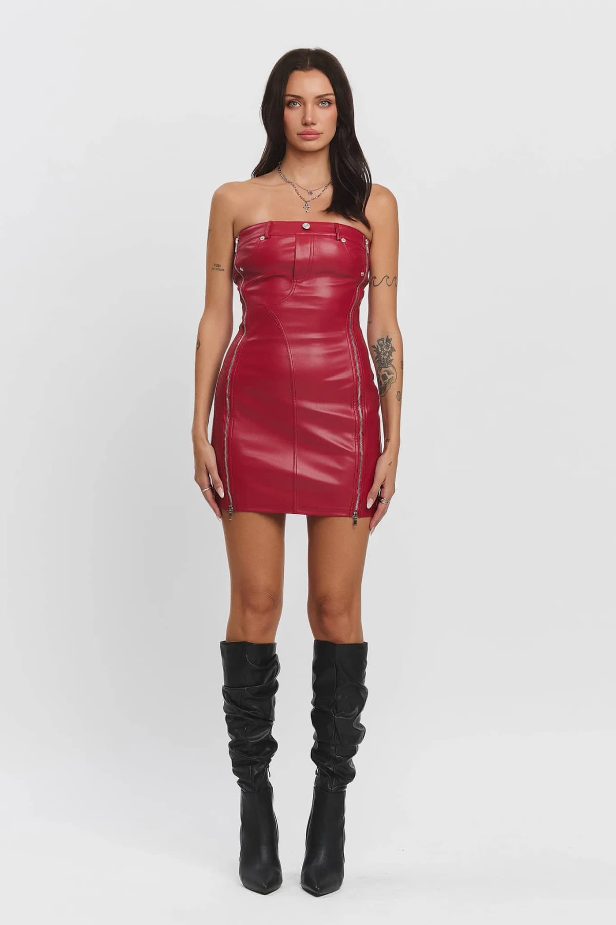 Hot Red Pleather Tube Top Mini Dress with Zipper Details