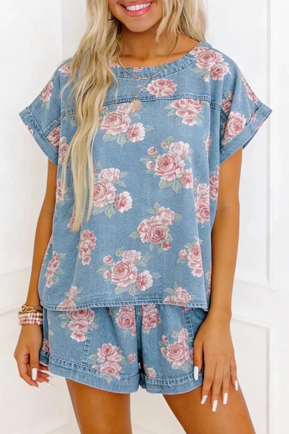 Floral Print Top and Shorts Denim Set