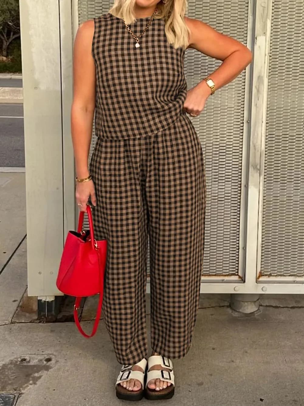 Lovelet Plaid Round Neck Sleeveless Top and Pants Set in Multiple Colors