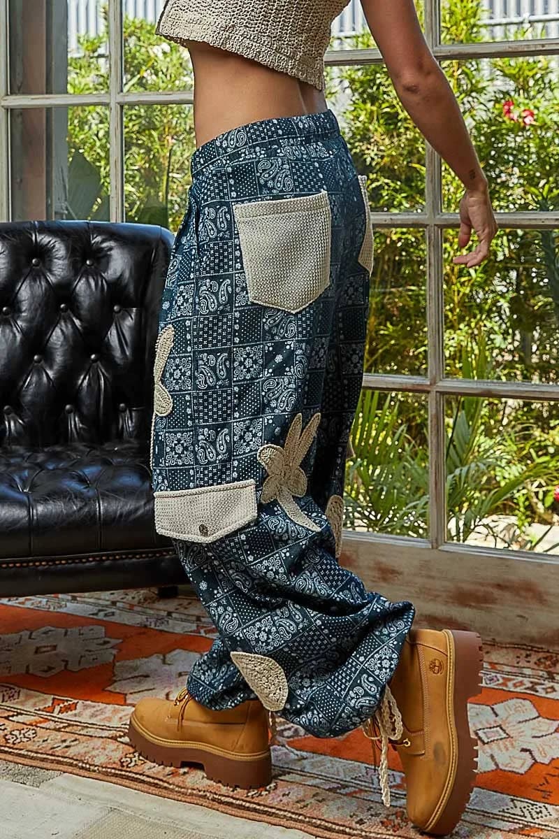 POL Pleat Detail Floral Patchwork Cargo Jogger Pants