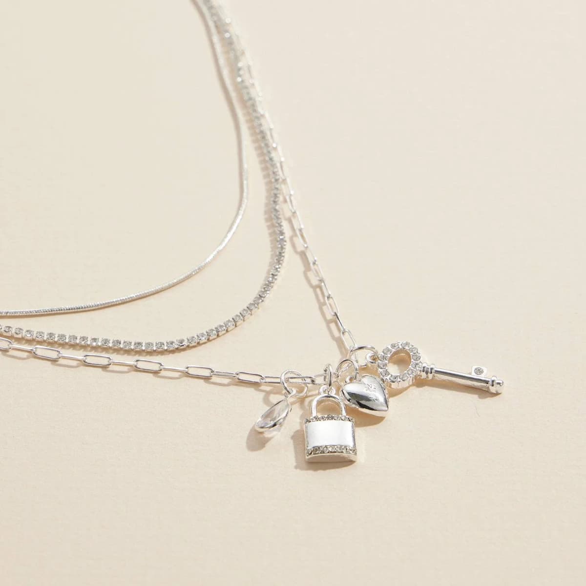 Layered Necklace with Lock Key Heart Charms (Silver)