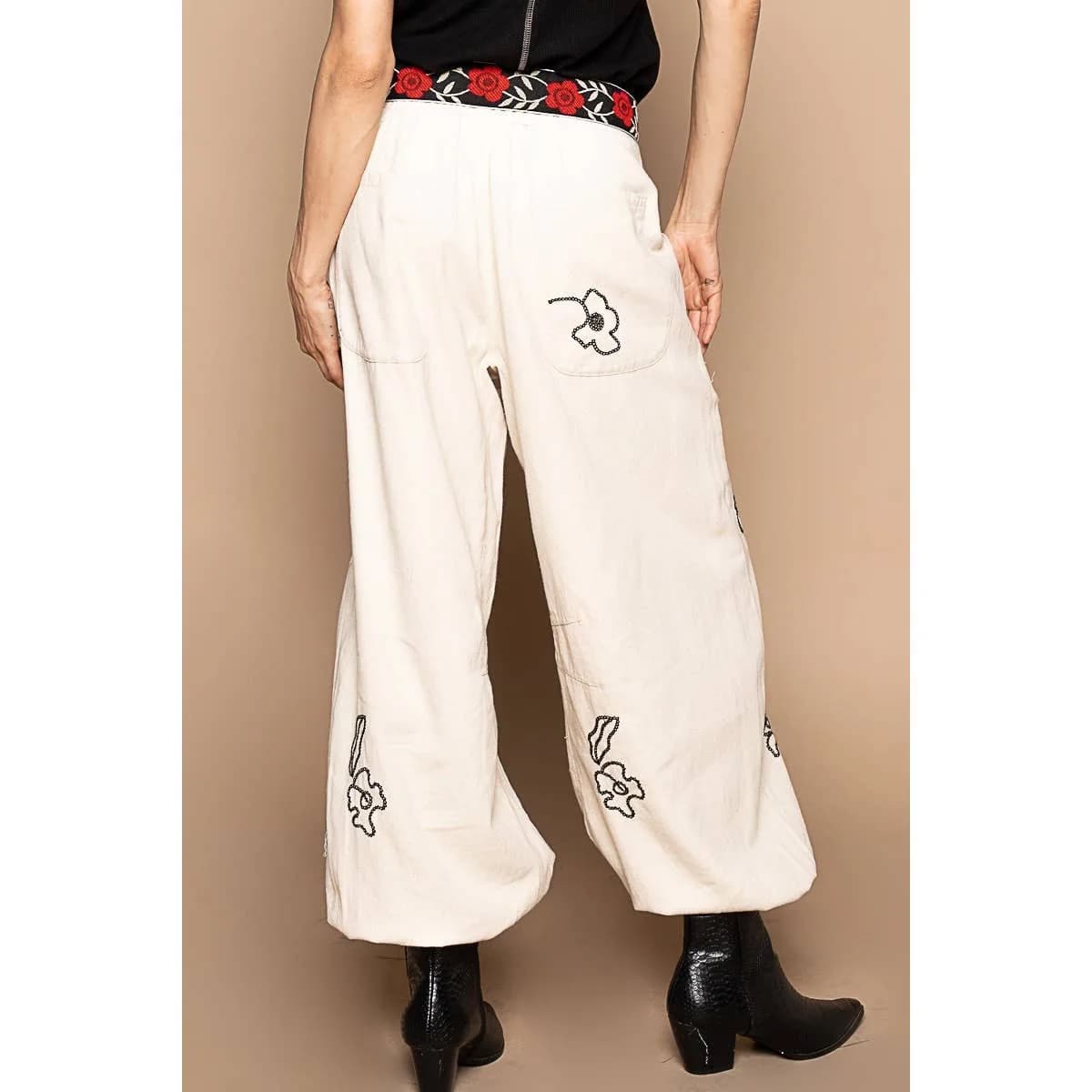 Floral Embroidered Pattern Solid Twill Jogger Pants by POL