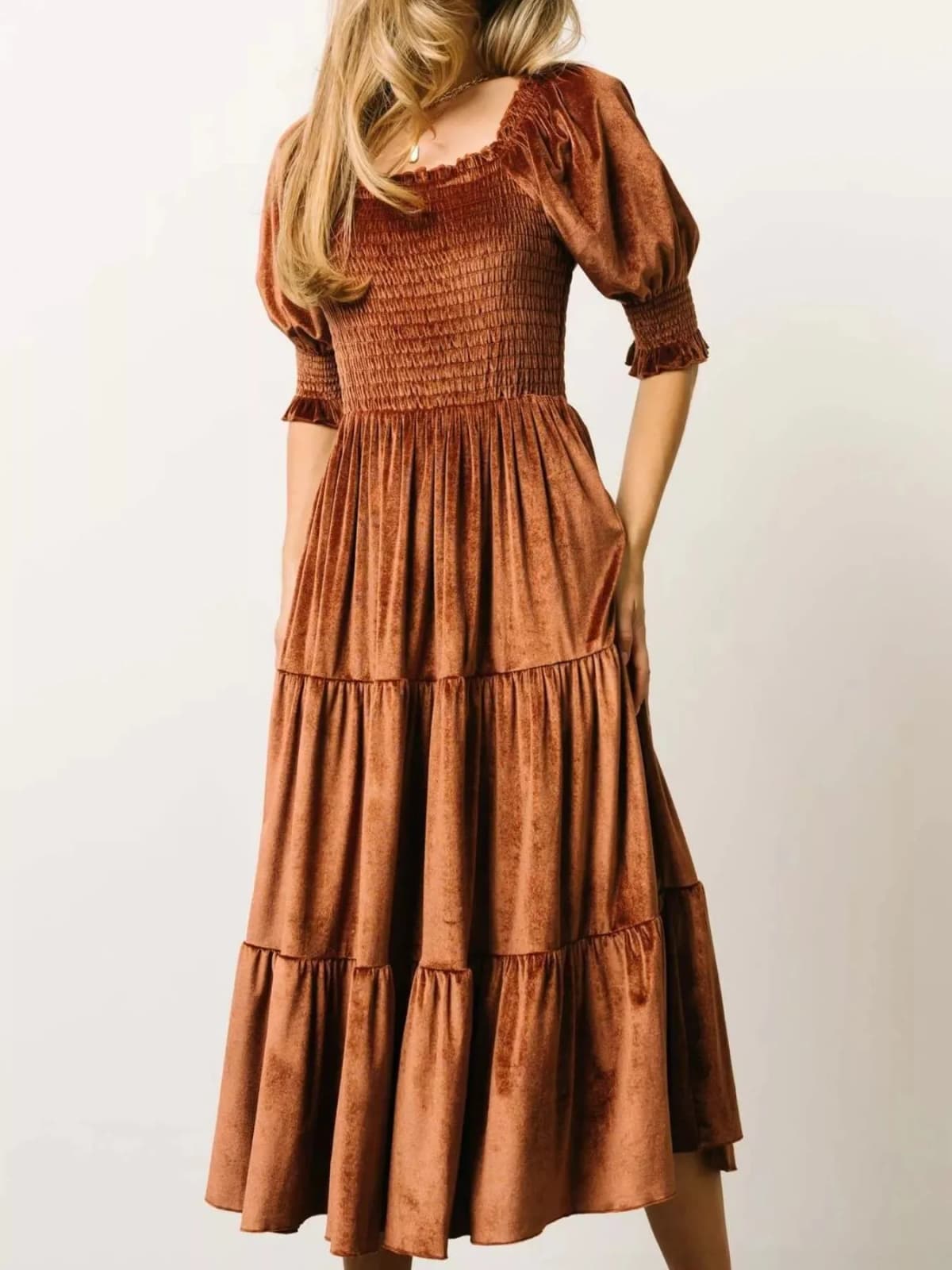 Velvet Smocked Tiered Midi Dress
