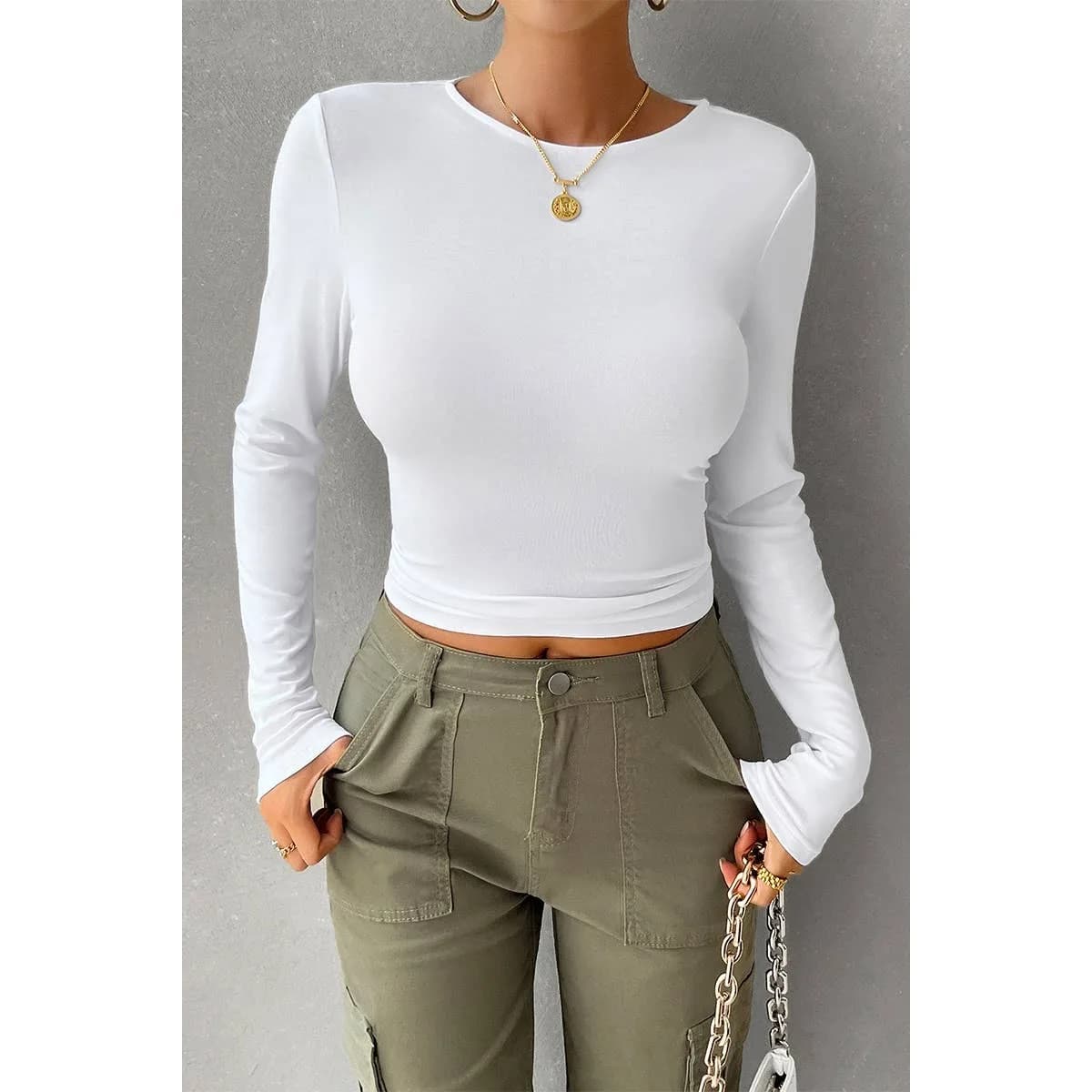 Round Neck Solid Long Sleeves Elastic Fit Top (Black)