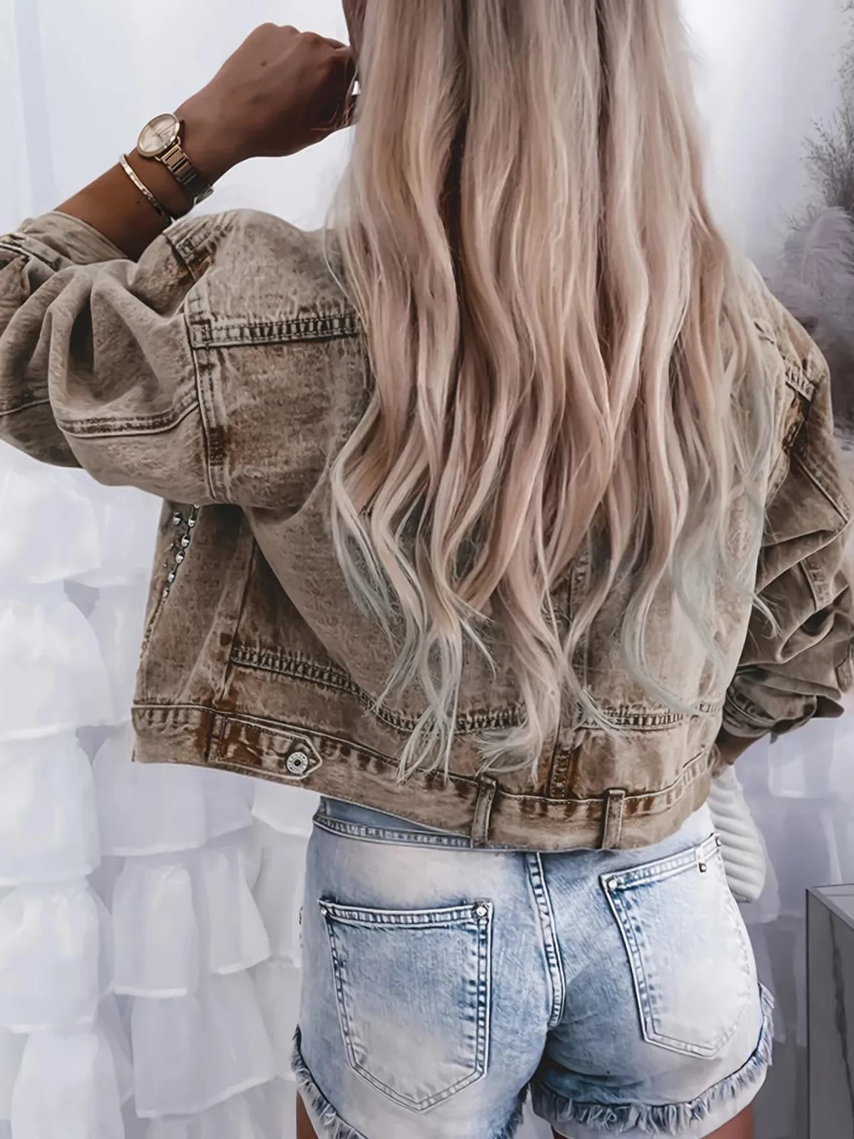 Khaki Studded Button Up Denim Jacket