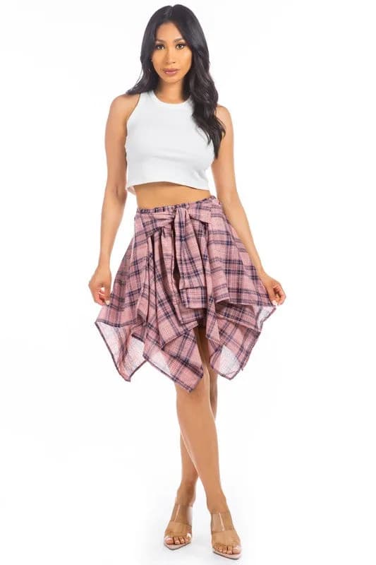 Mauve Plaid Shaggy Knee Sexy Skirt