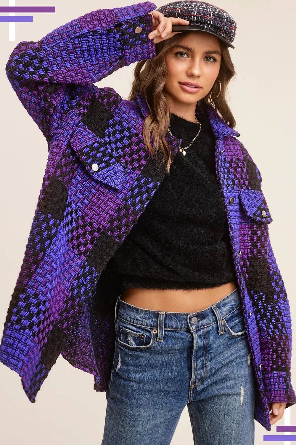 Purple Checkered Patterned Loose Fit Jacket with Front Pockets by La Miel