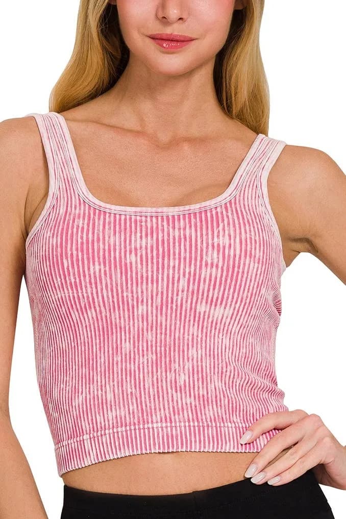 Stone Washed Ribbed Square Neck Tank Crop Top Zenana