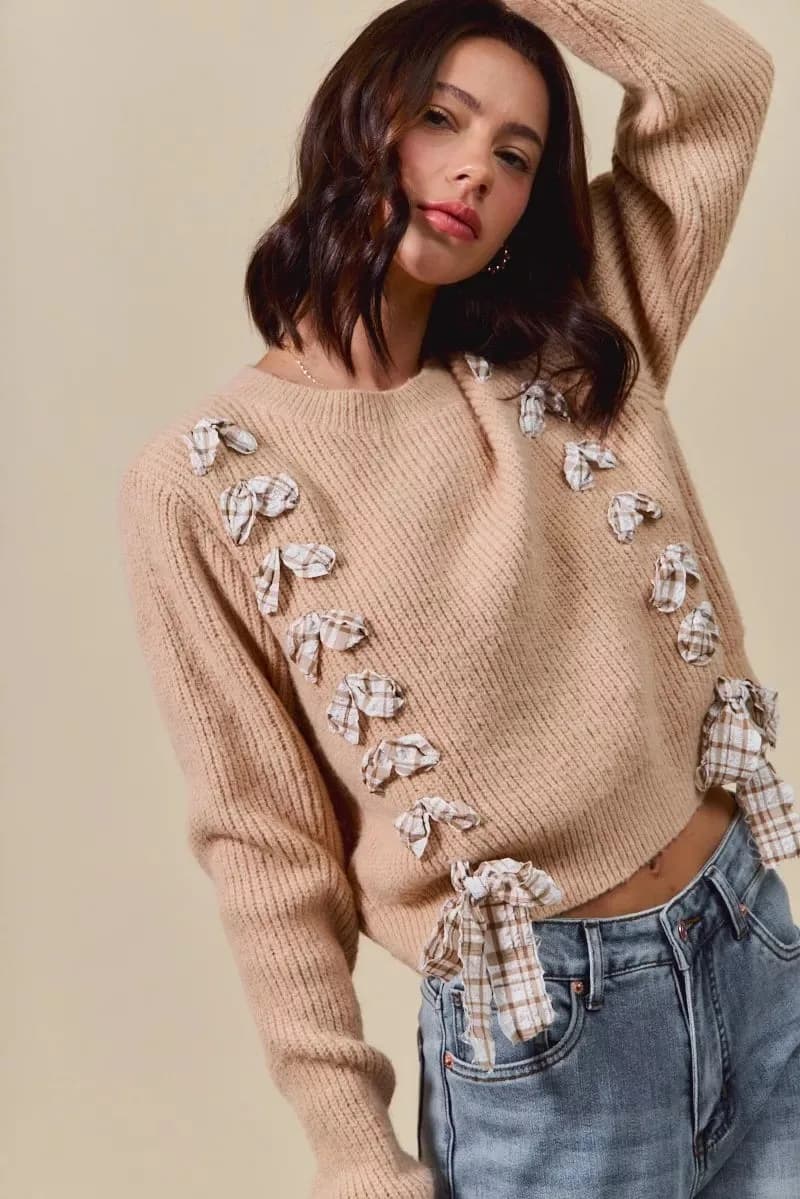 SO ME Checkered Plaid Tape Lace Up Ribbed Sweater
