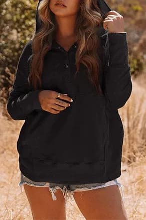 Black Batwing Sleeve Pocketed Henley Hoodie Little Daisy Closet
