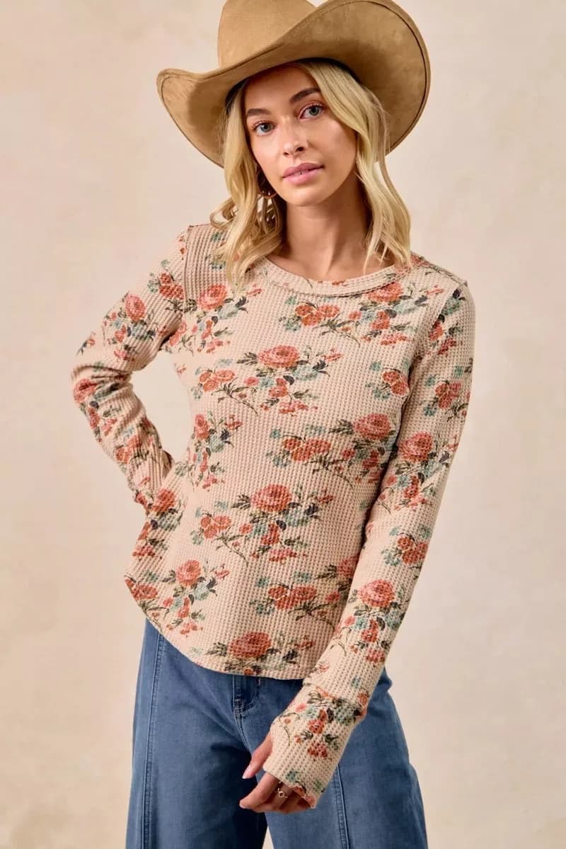 BiBi Floral Print Washed Waffle Thermal Top with Thumb