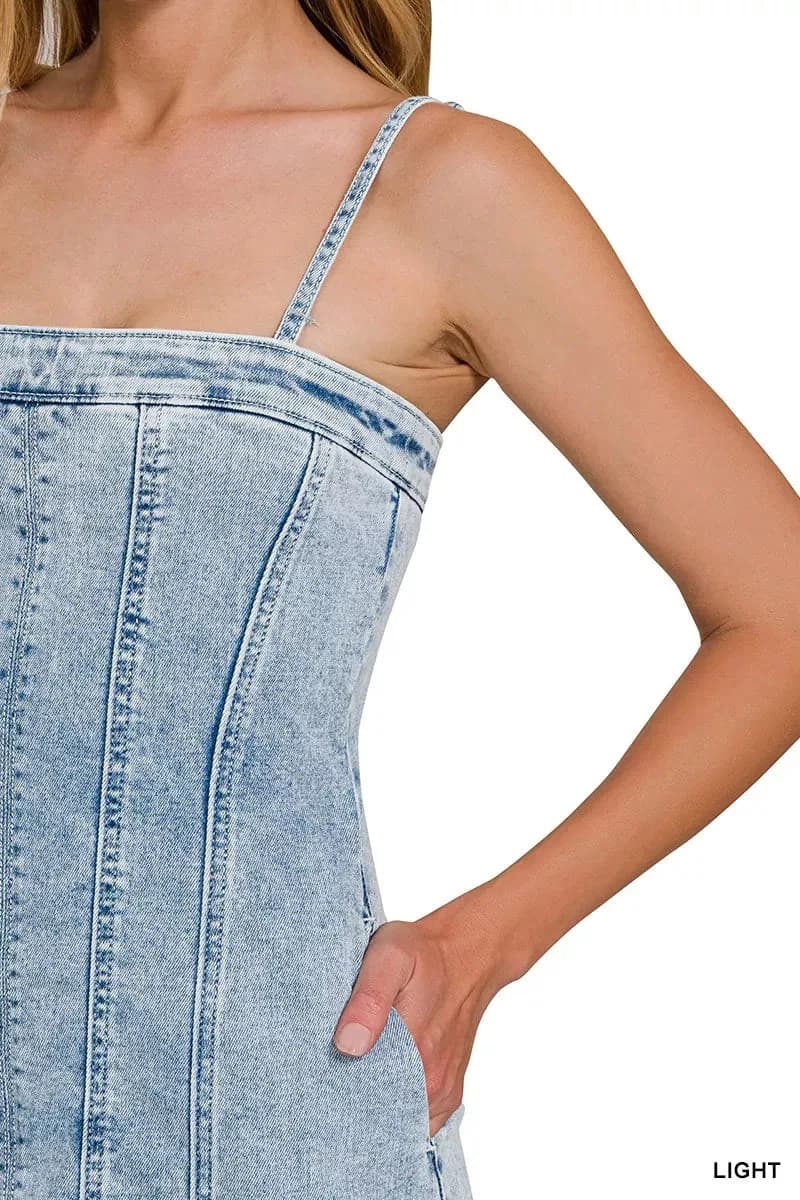 Zenana Spaghetti Strap Exposed Seam Light-Wash Dress