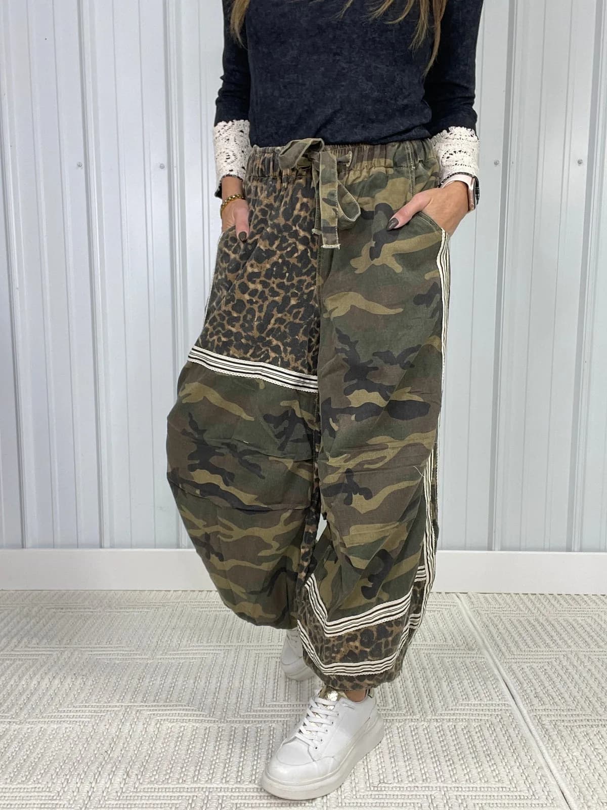 Printed Woven Contrast Band Trim Jogger Pants by POL