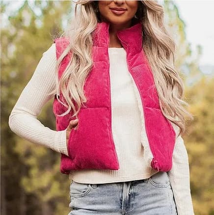 Corduroy Stand Collar Cropped Shoulder Vest Hiddenbrand (Pink)