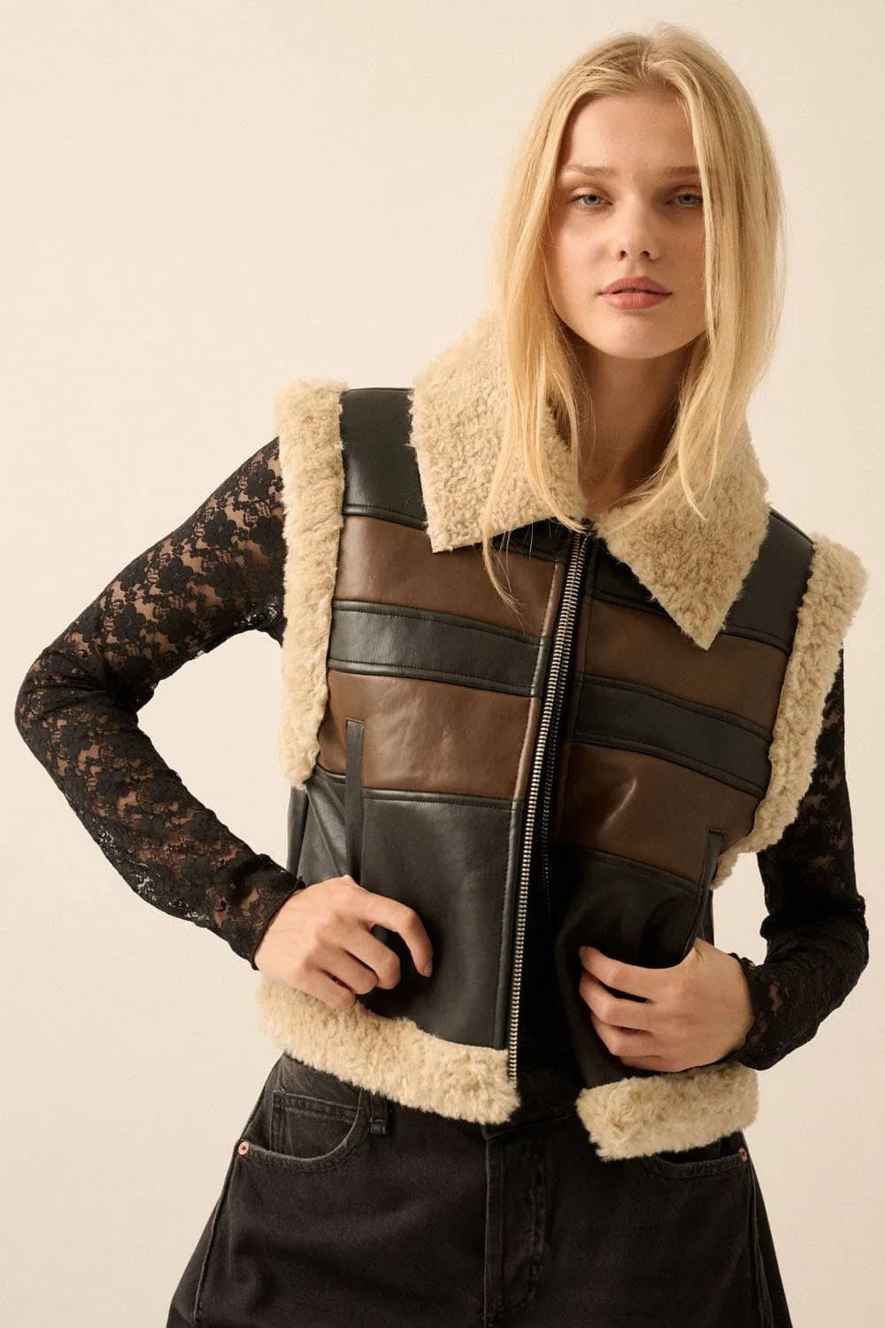 Faux Leather and Sherpa Fleece Colorblock Vest