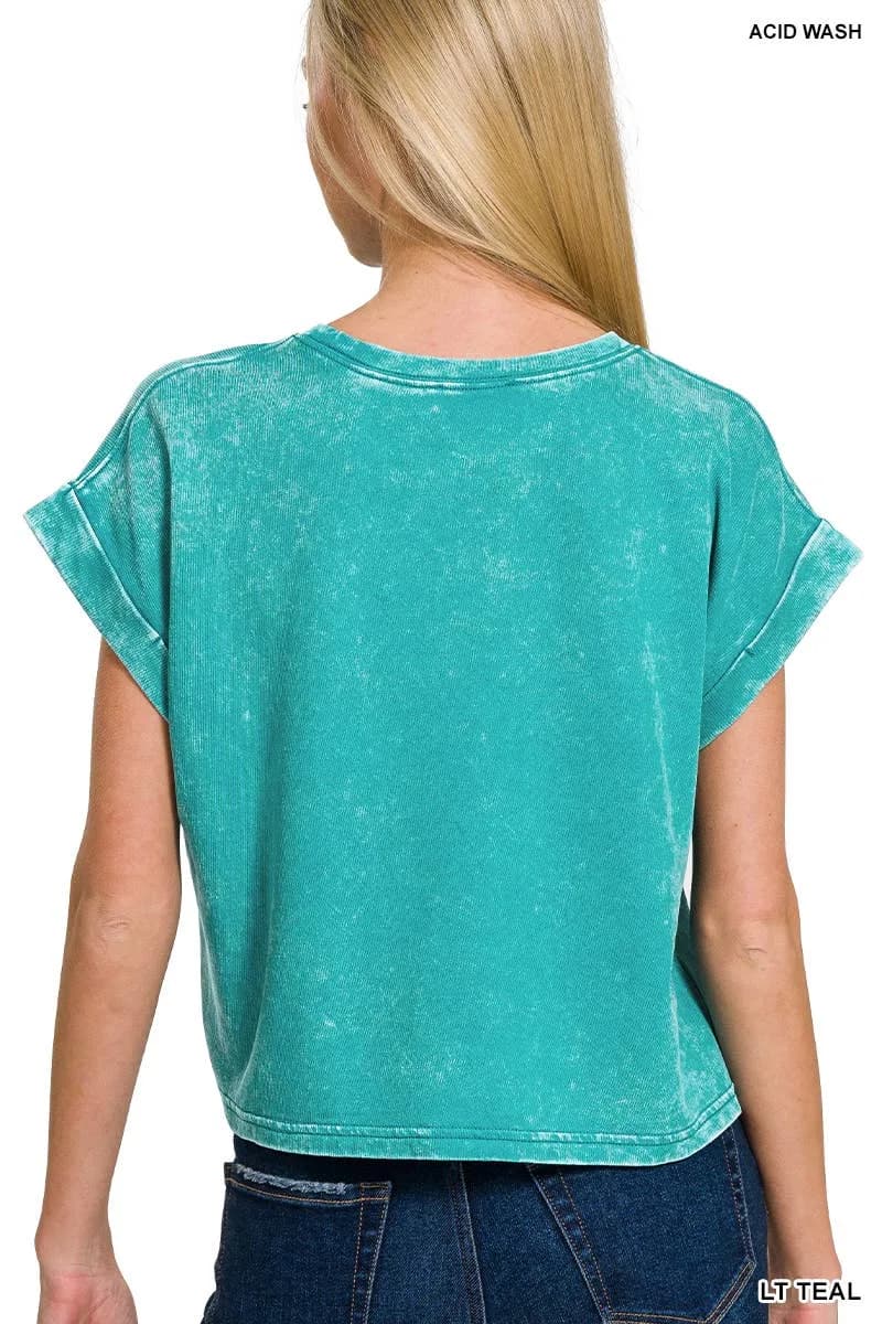 Acid Wash Cotton Folded Sleeve Top Zenana