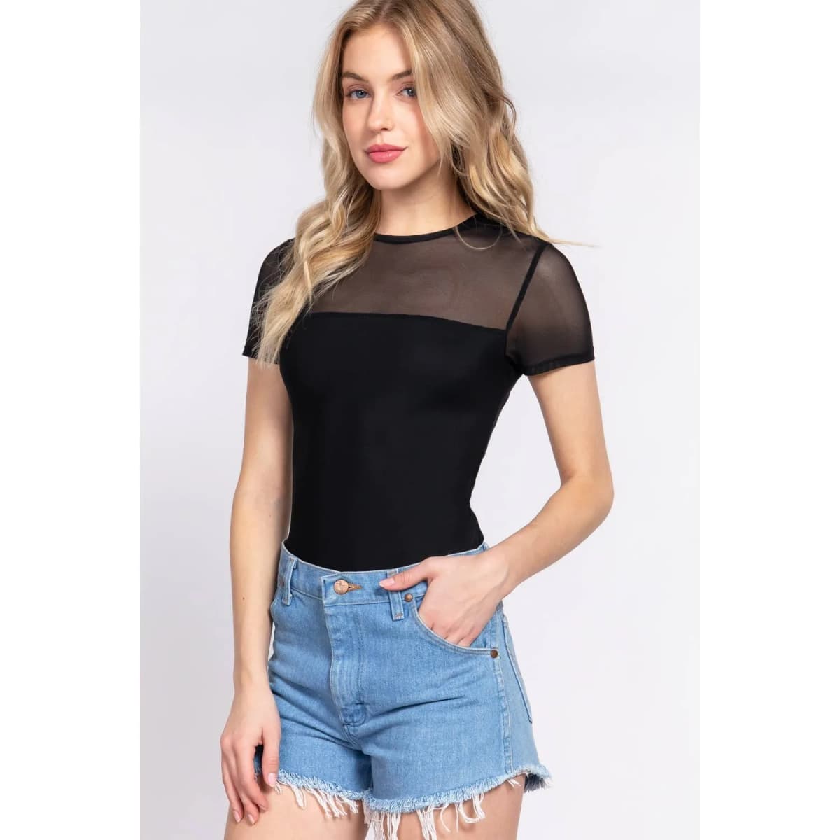 Short Sleeve Crew Neck Mesh Bodysuit Apolline (Black)