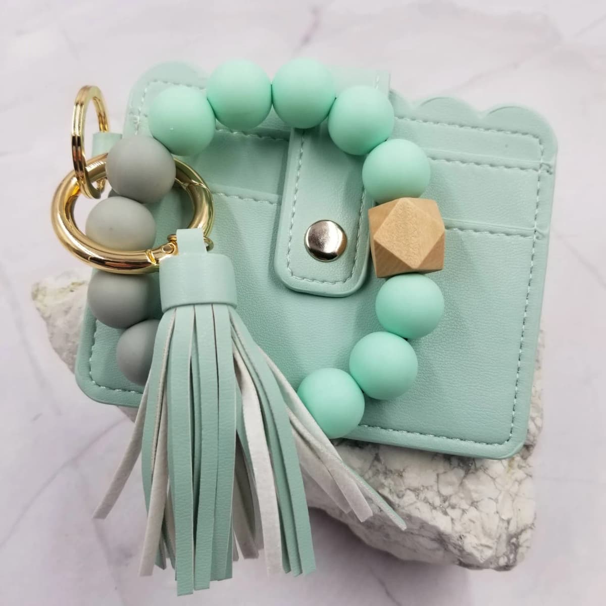 Silicone Bead Bangle Keychain Bracelet Card Holder (Green)