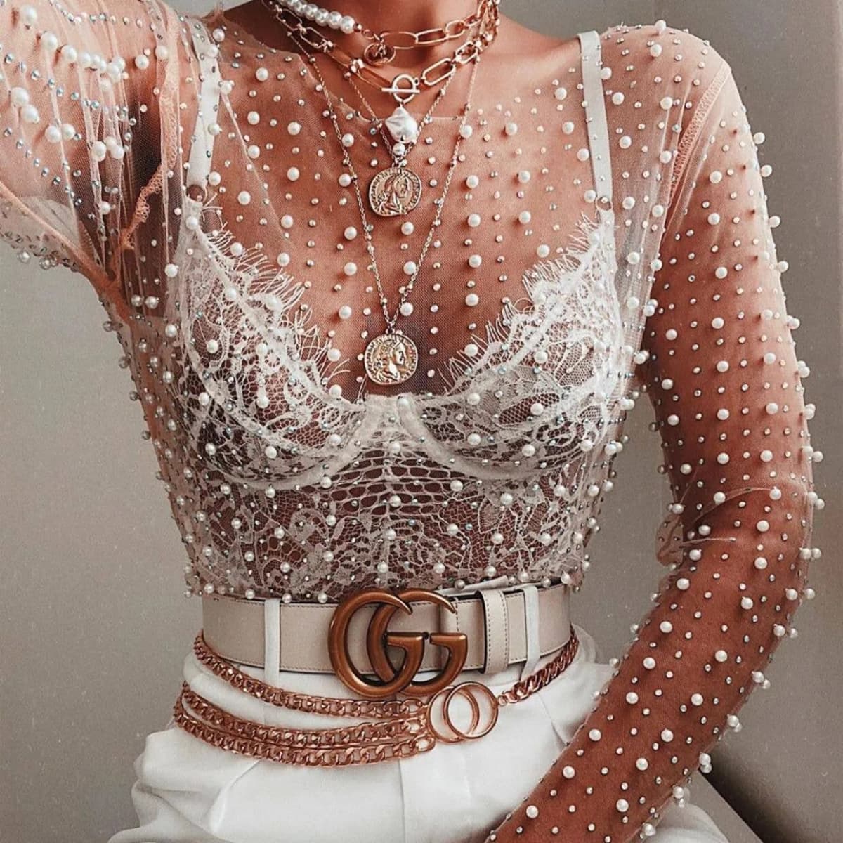 Pearl Rhinestone Studded Sheer Mesh See Through Top