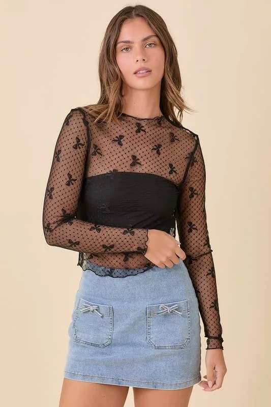 Ribbon Bow Mesh Long Sleeve Top