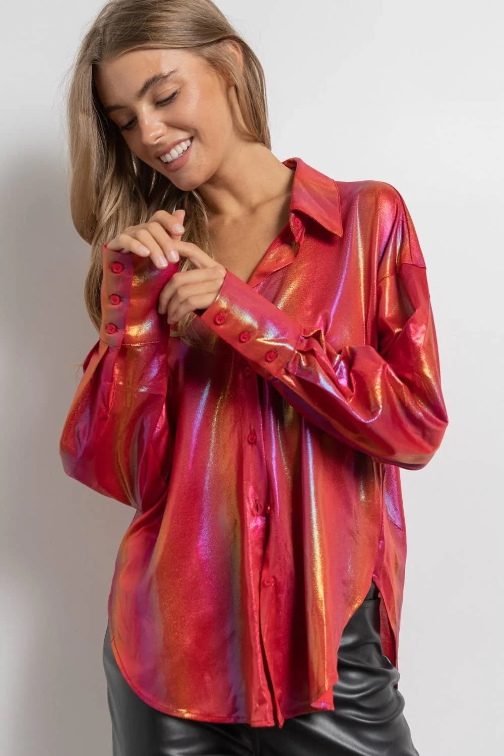 Rainbow Button Up Long Sleeve Blouse Shirt by KIWI
