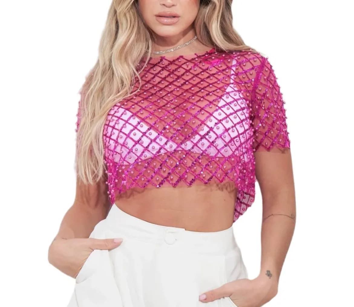 Mesh Beaded Sequin Crop Top