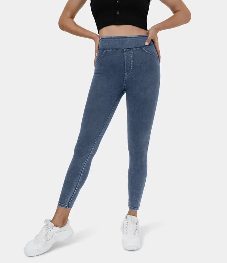 High Waisted Back Pocket Stretchy Knit Denim Casual Leggings by Halara (Blue)