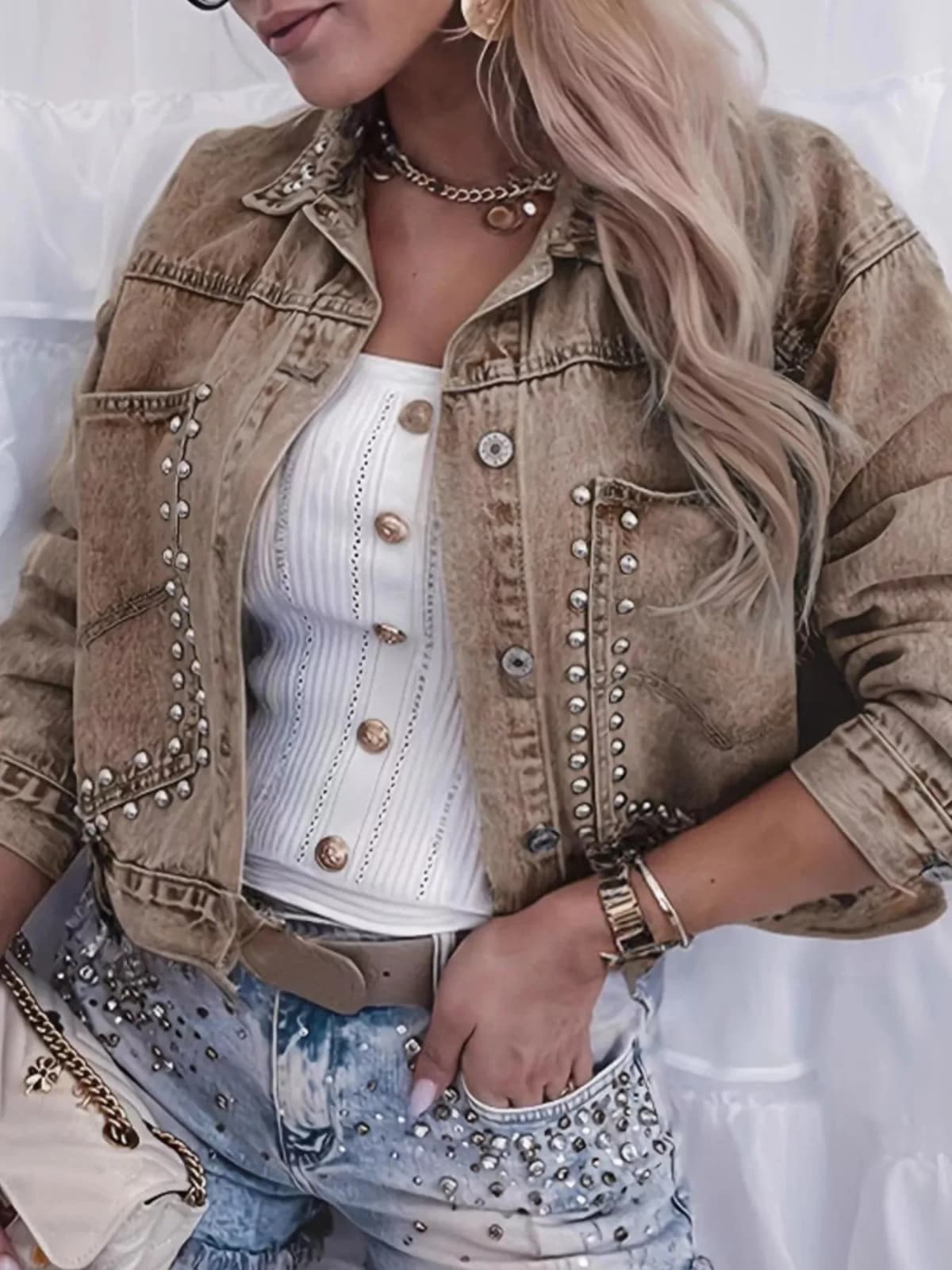 Khaki Studded Button Up Denim Jacket